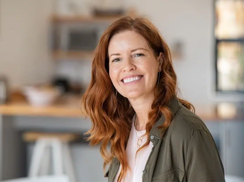 Red-haired woman in green button-up shirt smiling